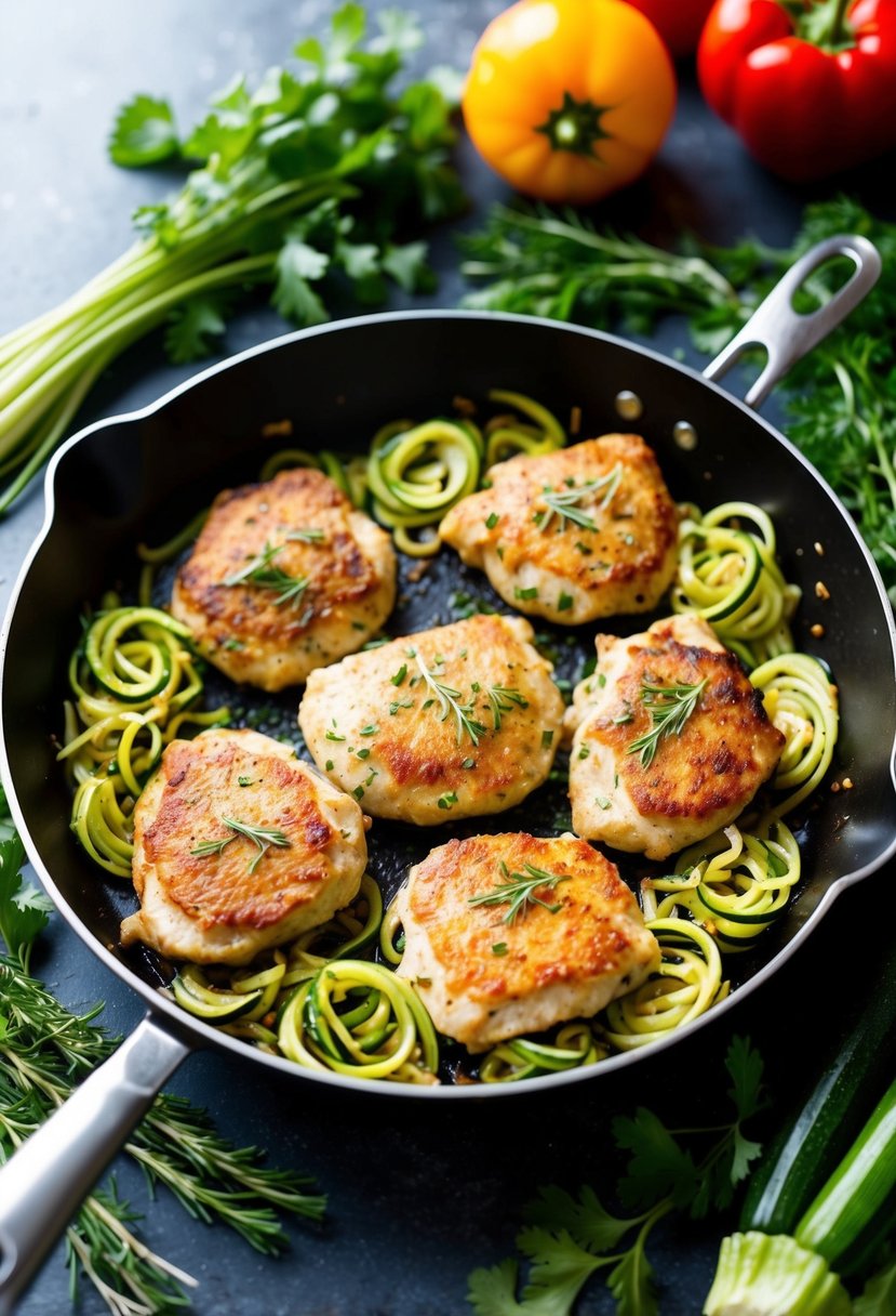 A skillet sizzling with chicken cutlets and zucchini noodles, surrounded by fresh herbs and colorful vegetables